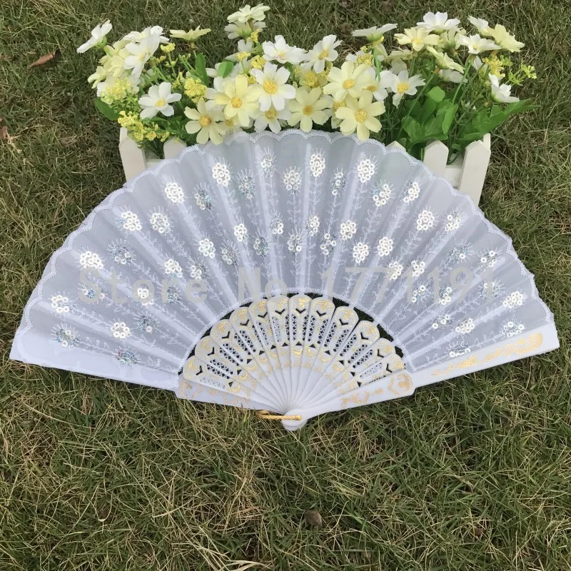 

Free shipping 12pcs/lot embroidered peacock design polyester fabric hand fan Chinese dance fan with 5colors available