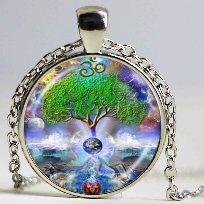 

Om Tree of Life Necklace Chakra Pendant Mandala Namaste Jewelry Earth Planet Space Waterfall Photo Choker Neckless Women Gifts