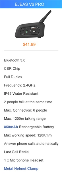 EJEAS V6 Pro домофон мото беспроводной шлем Bluetooth гарнитура густой микрофон металлический зажим USB 850 мАч 6 Rider 1200 м водонепроницаемый