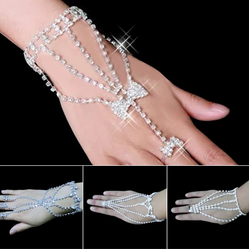 

2016 Silver Womens Bridal Wedding Crystal Rhinestone Slave Bracelet Hand Harness Cuff bracelets ARFH