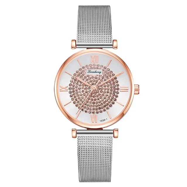 Роскошные Для женщин часы-браслет серебро со стразами из сетчатого материала кварцевые часы, модный женские наручные часы relogio feminino reloj mujer - Цвет: Розовый