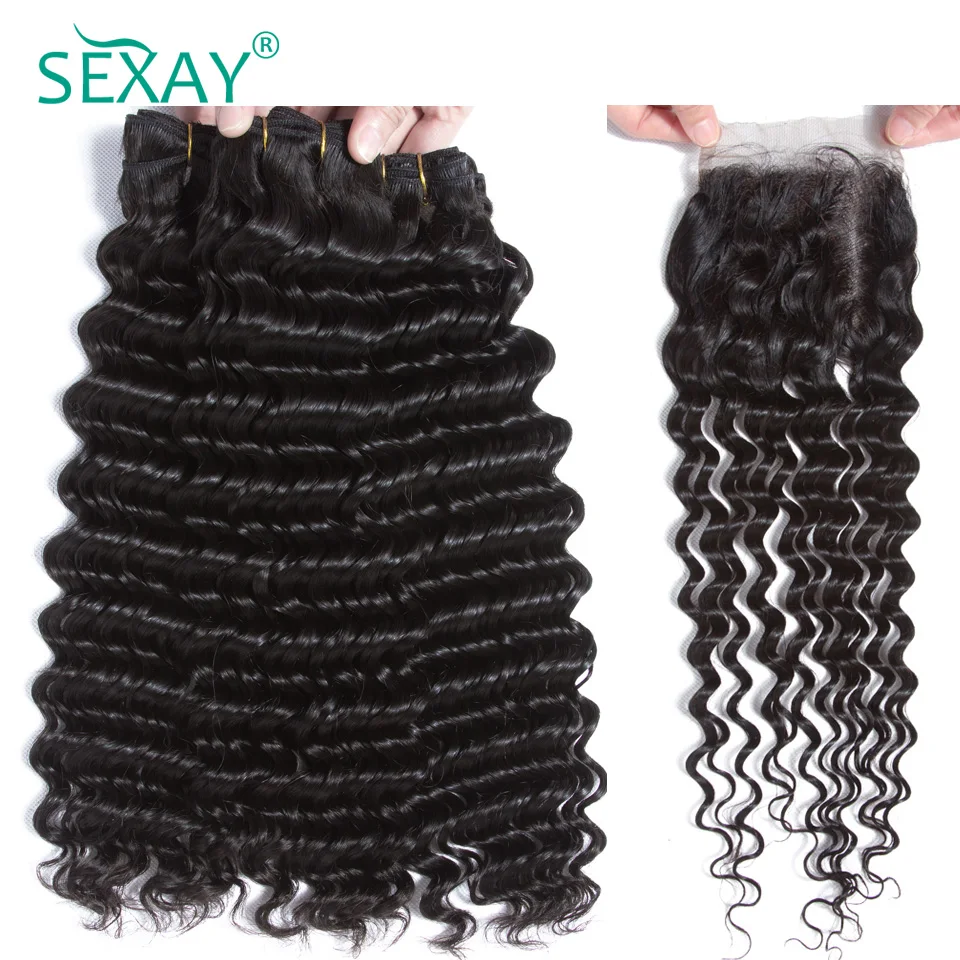 

Sexay deep wave bundles with closure Brazilian remy human hair 3 bundles with 4x4 lace closure pre plucked with natural hairline