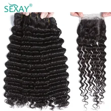 Sexay глубокая волна пучки с закрытием бразильские remy человеческие волосы 3 пучка с 4x4 кружева заказ с сеткой с натуральной линией волос