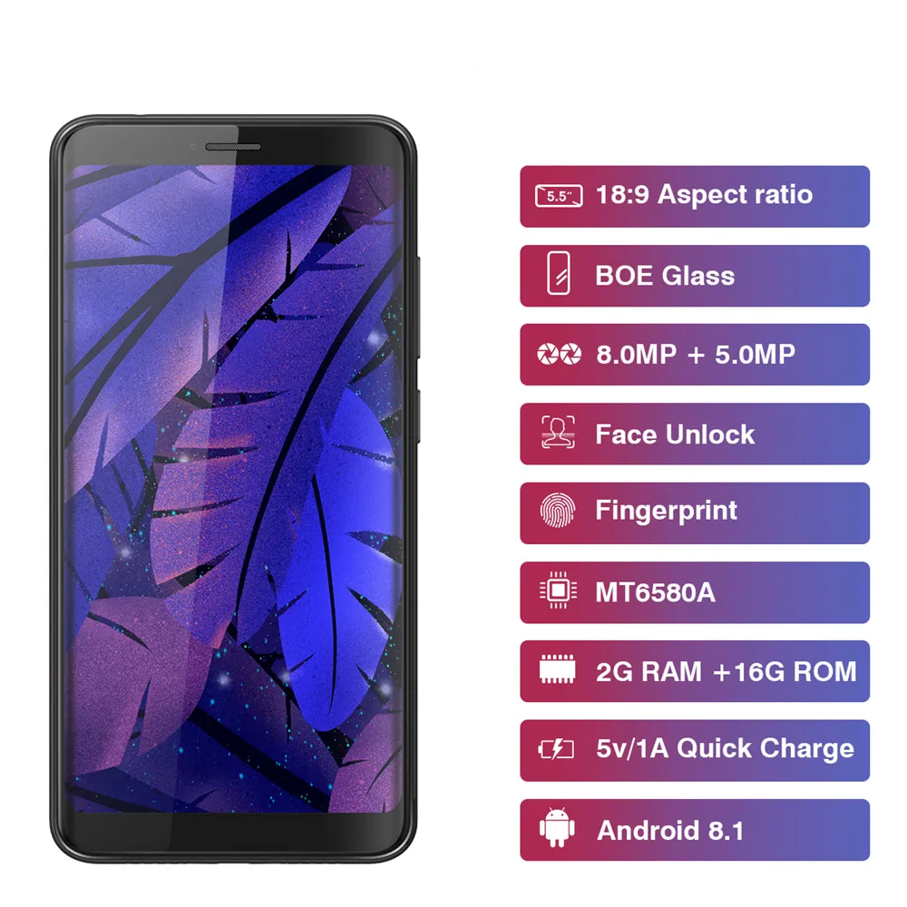 Смартфон Bluboo D6 D6 PRO, Android 8,1, четырехъядерный, 5,5 дюймов, отпечаток пальца, 2 ГБ, 16 ГБ, две sim-карты, аккумулятор 2700 мАч, сотовые телефоны