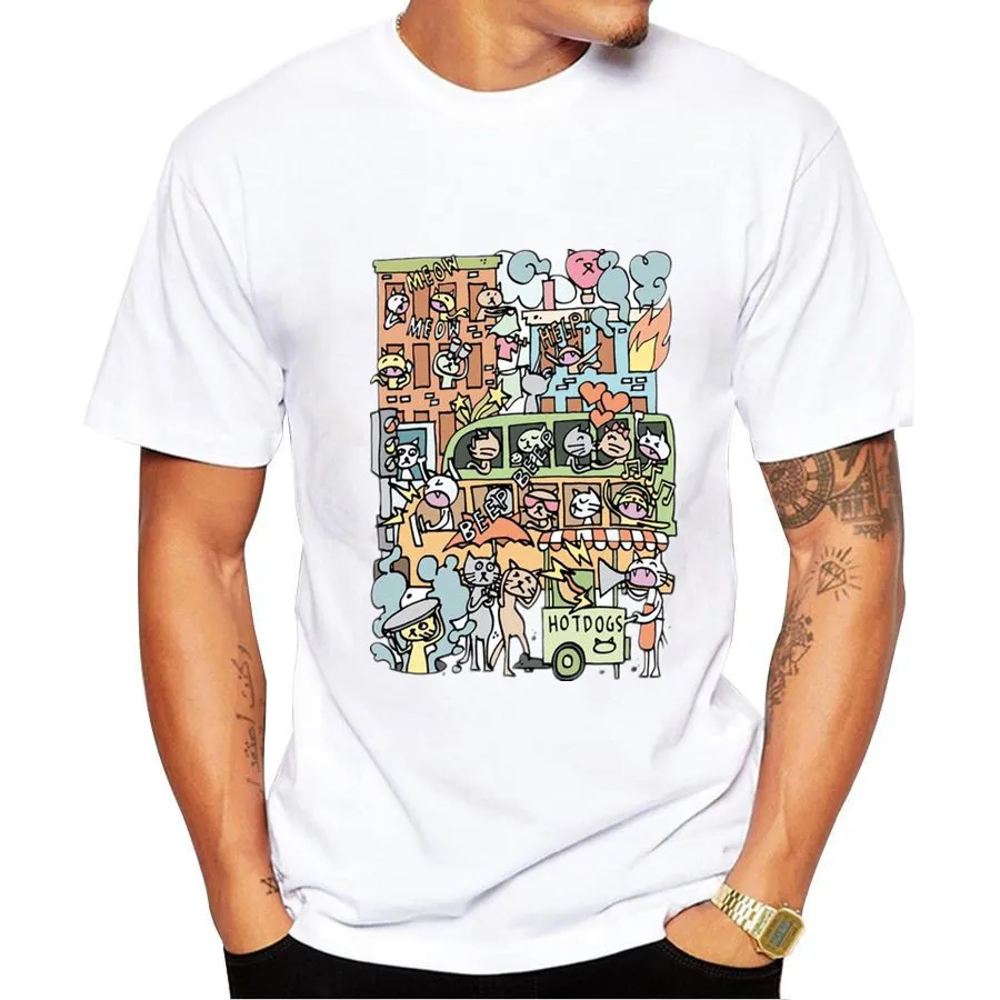 2017 Cats Invasion Printed T-shirt Men Funny T Shirt Short Sleeve tshirt Brand Clothing Tee White | Мужская одежда