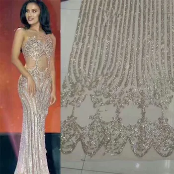 

Amazing gold with glitters French net lace fabric hot sale tulle cloth for wedding dress UN75(5yards/pc)