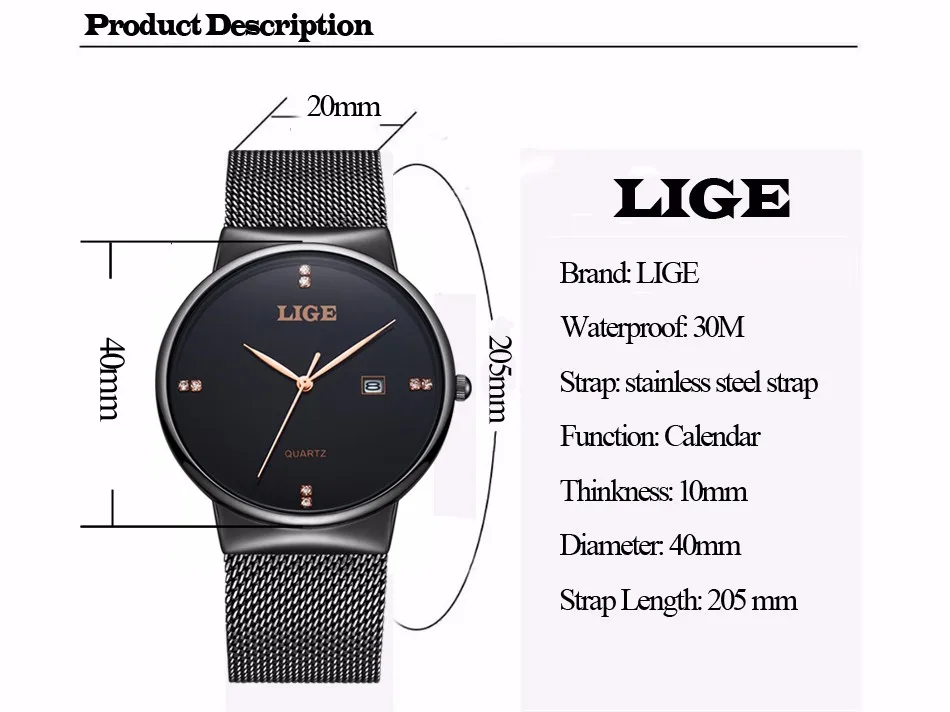 LIGE Mens Watches Top Brand Luxury Waterproof Ultra Thin Date Clock Male Steel Strap Casual Quartz Watch Men Sports Wristwatches