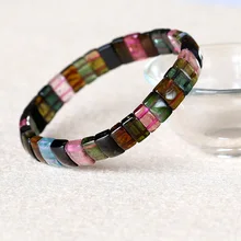 Высококачественный натуральный яркий фиолетовый зеленый розовый синий турмалин многоцветной стрейч браслет плоский прямоугольный бисер 05023