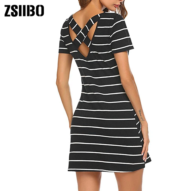 ZSIIBO New Women's Casual Striped Criss Cross Short Sleeve T Shirt Mini Dress  Drop shipping LYQ192 homecoming dresses 2021 Dresses
