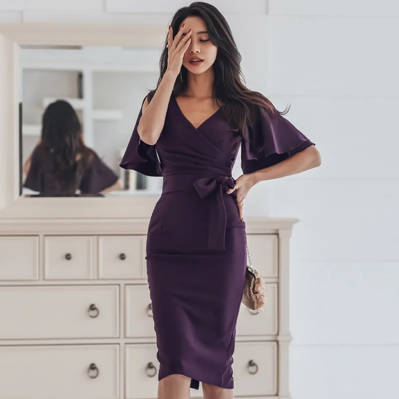 Elegant V-neck Lace Up Ruffles Women Dress Sexy Hip Package Mid-length C loak Sleeve Female Dress 2019 OL Style vestidos femme Elegant V-neck Lace Up Ruffles Women Dress Sexy Hip Package Mid-length C loak Sleeve Female Dress 2019 OL Style vestidos femme