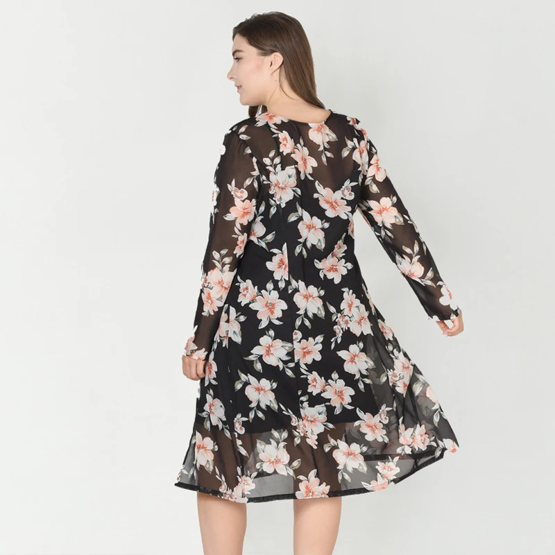 black womens tops and blouses plus size 4xl 5xl 6xl 7xl 8xl Long sleeve see through long Summer Chiffon Floral Print Loose Boho Blouses