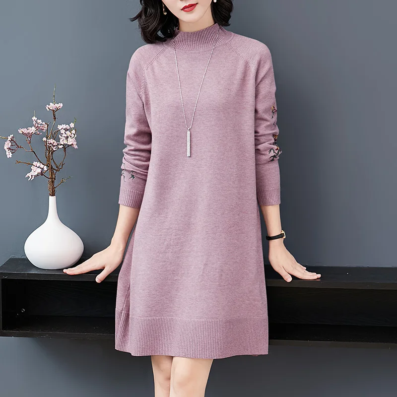 

Autumn Winter women's turtleneck embroidery long sweater dress elegant ladies floral sweater embroidery knit dress