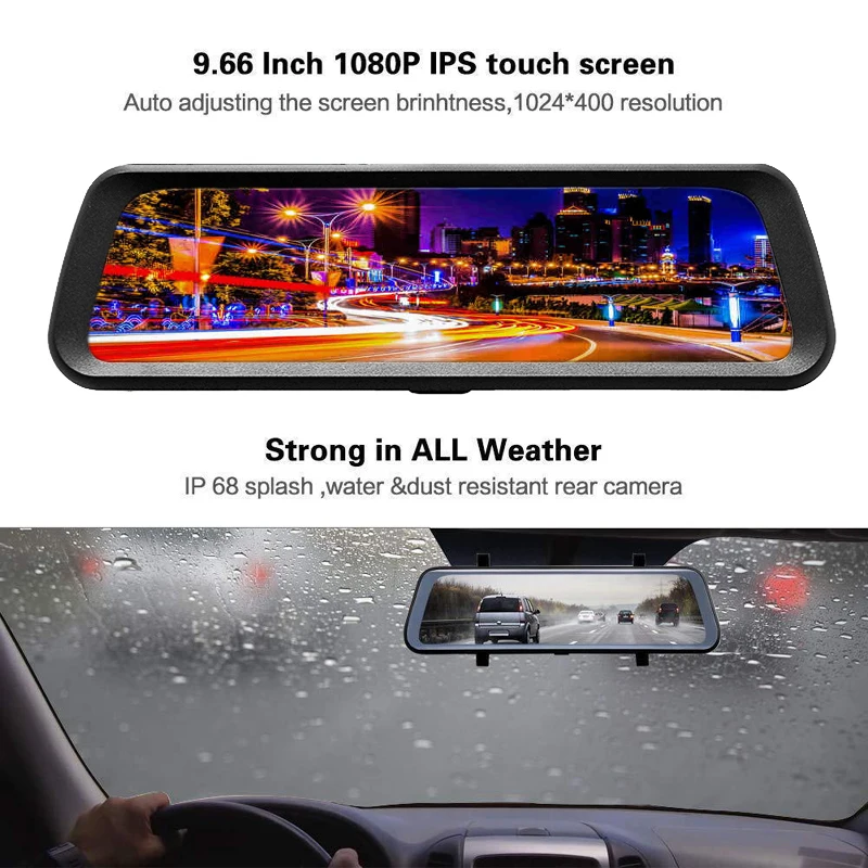 KOENBANG зеркало заднего вида Dash Cam 9 66 дюймов 1080 P Full HD сенсорный экран 720 задняя камера