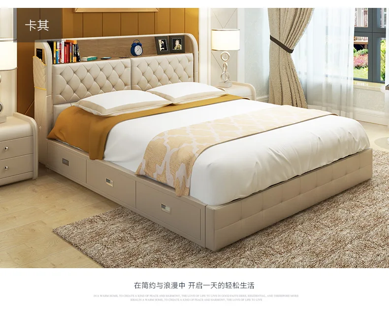 Marco de cama de cuero genuino con cajones de almacenamiento camas suaves modernas muebles de dormitorio cama de dormitorio camas quarto Marco de cama de cuero genuino con cajones de almacenamiento camas suaves modernas muebles de dormitorio cama de dormitorio camas quarto