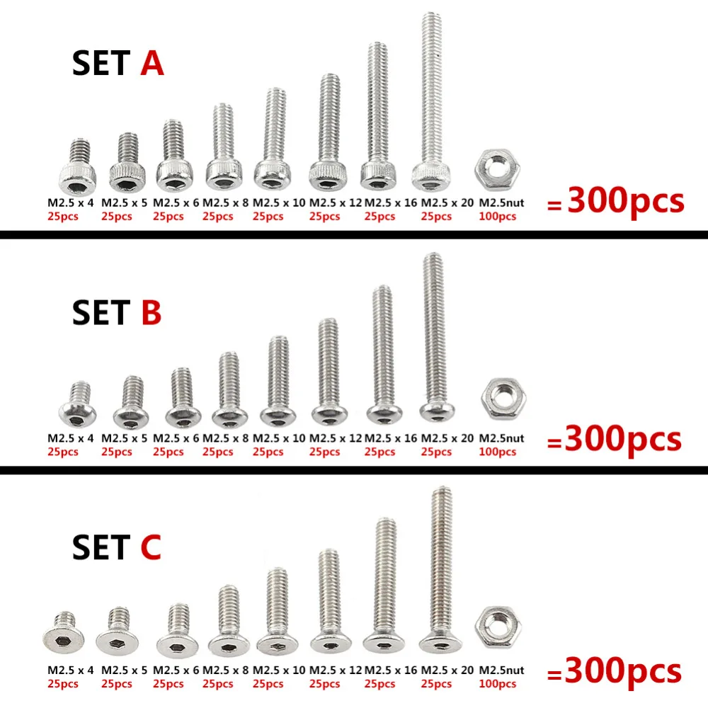 

1 Set 300pcs M2.5 A2 Stainless Steel Hex Socket Screws Bolt With Hex Nuts Assortment