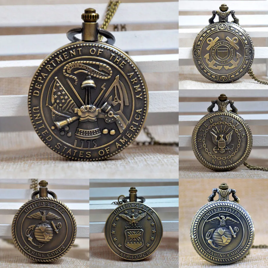 

Luxury United States Army Marine Corps/Navy/Air Force/Coast Guard Quartz Pocket Watch Analog Pendant Necklace Mens Womens Gift