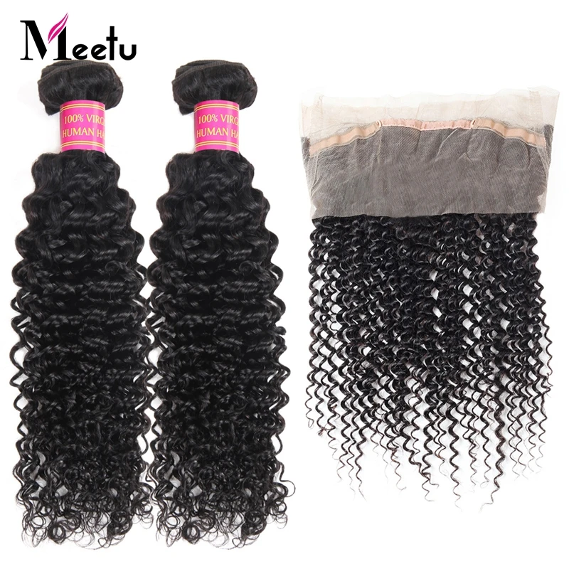 

Meetu Peruvian Curly Bundles with Frontal 2PCS Human Hair Bundles with Frontal Non Remy Pre Plucked 360 Frontal with Bundles