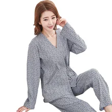 Женский пижамный комплект весна хлопок длинный рукав отложной воротник досуг женский домашний костюм Одежда большого размера Free