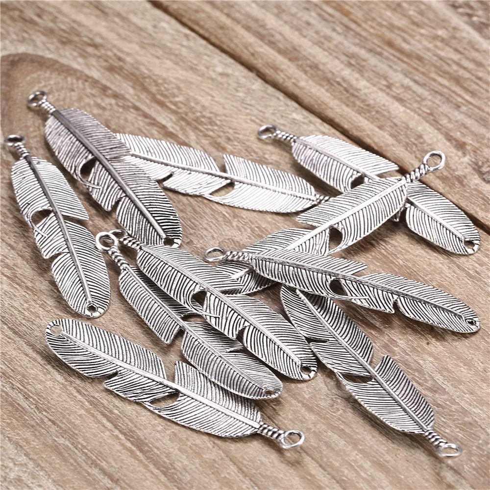 20PCS/lot 13*58MM Antique Silver Color Metal Feather Charms For Jewelry