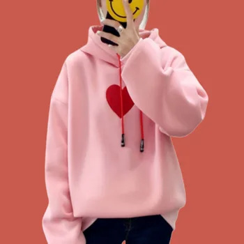 Korean Oversized Hoodie Winter Pullover Kawaii Sweatshirt Embroidered Women Heart Hoodie Print Poleron Mujer 2019 Lace Up Hoodie christmas digital print pullover hoodie