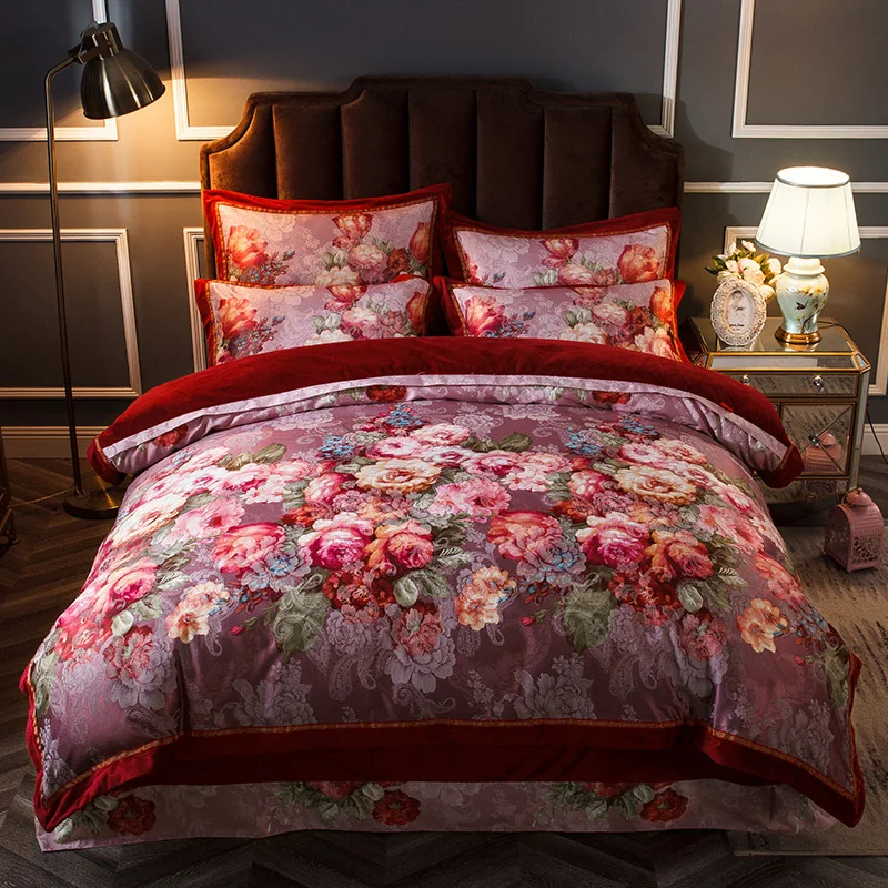 

American Style bedding set Winter Flannel fleece bed linens AB side bed cotton set Fashion 3D flower bed covers penoy bedclothes