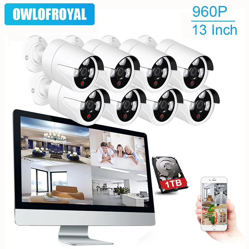 

8CH 13" LCD Monitor Screen 960P Wireless NVR Kit Wifi CCTV System 1.3MP IP Camera Outdoor P2P Video Security Surveillance Kit