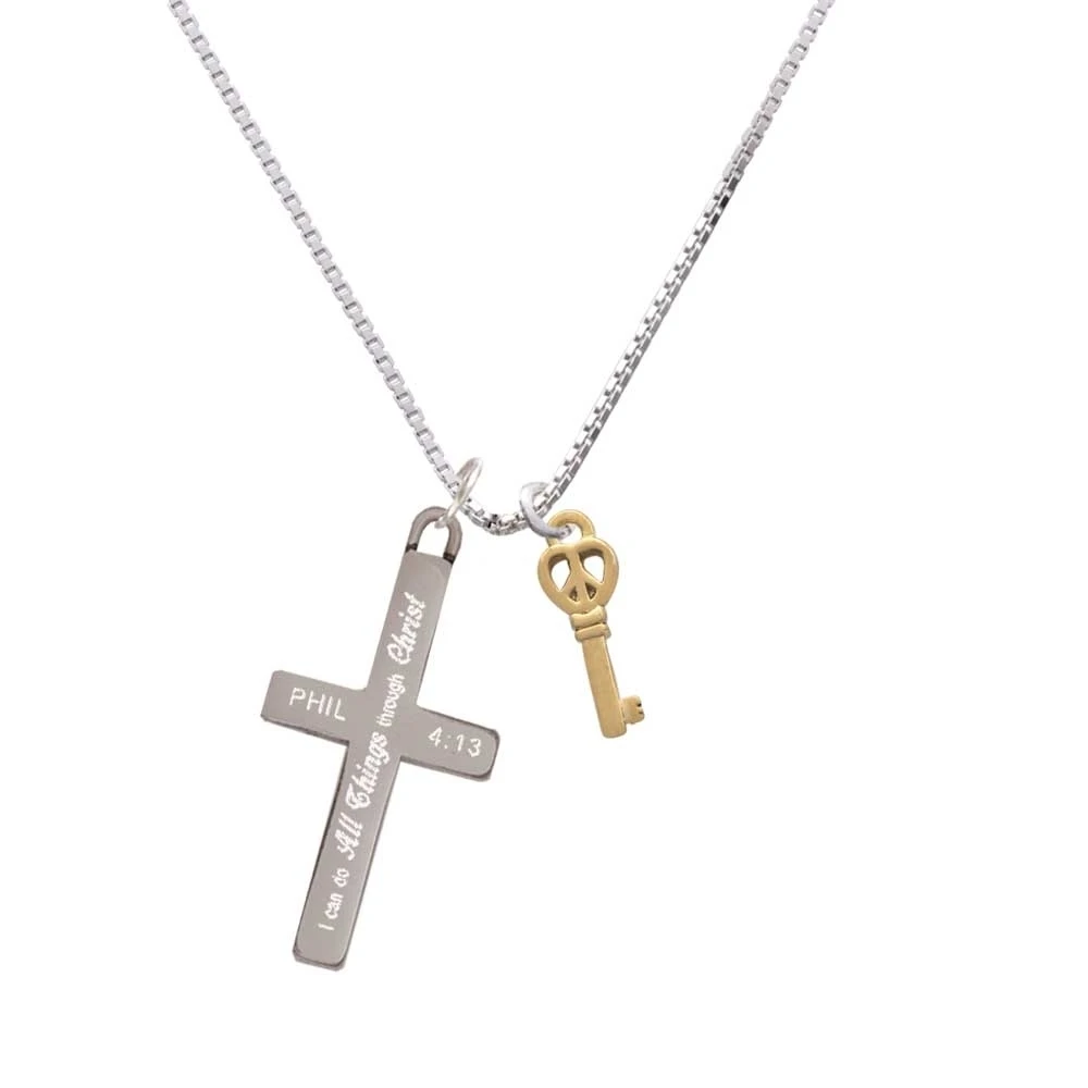 Mini Gold Tone Open Peace Heart Key - I Can Do All Things - Cross Necklace