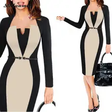 2019 Summer Women Retro Contrast Patchwork Belt Wear to Work Business vestidos Office Bodycon Pencil Female One Piece Dress Suit