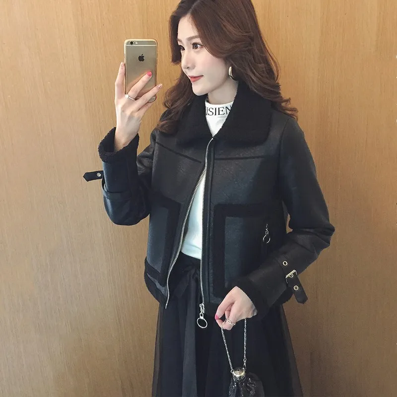 Vêtements Épaississement Et En kaki Pu Manteau D'agneau Beige Velours D'hiver Cheveux Mode Femmes noir Automne Plus Revers Moto Tb181 Cuir De Court O01qfdOF6