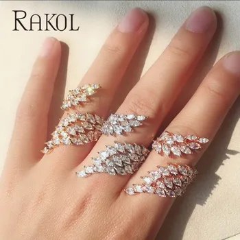 

RAKOL Shiny Luxury AAA Cubic Zirconia Feathers Wings Wedding Open Rings For Woem Audjustable Double Fingers Jewelry Gitf