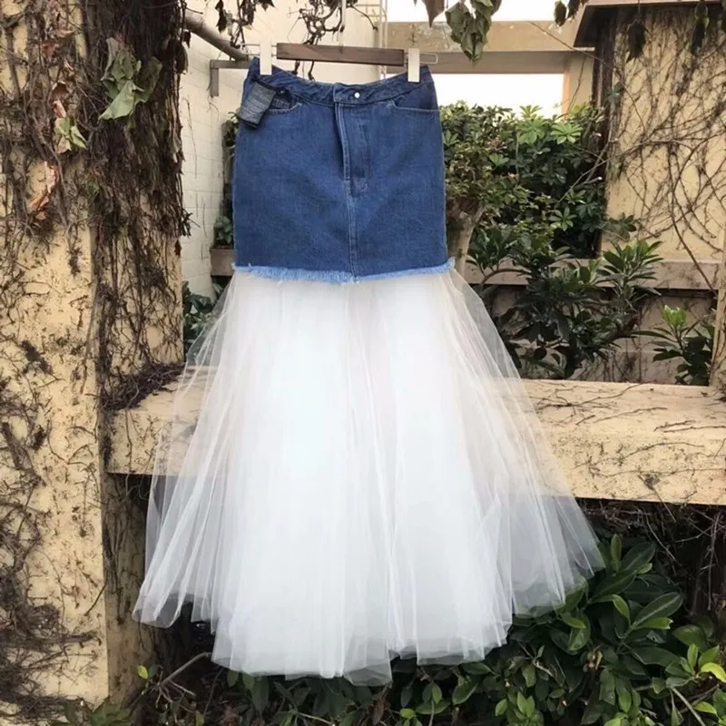 TWOTWINSTYLE, сетчатая юбка, женская джинсовая Лоскутная юбка с высокой талией, два стиля, длинная юбка-пачка для женщин, весна, большой размер, Harajuku - Цвет: White