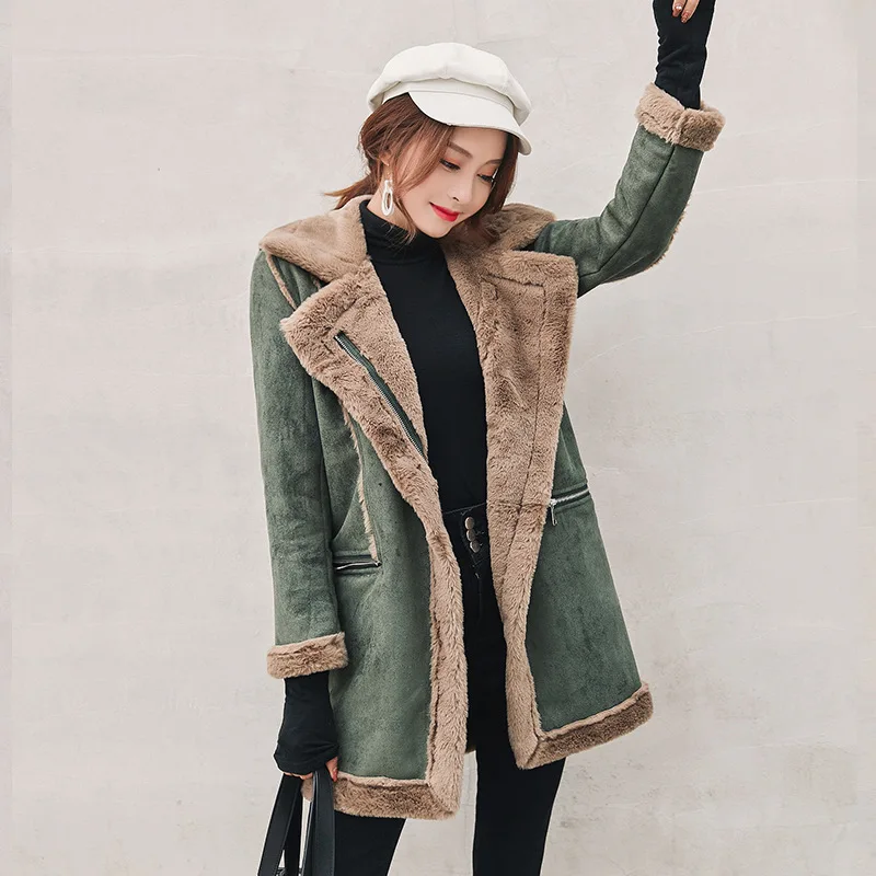 

New 2019 Winter Suede Leather Jacket Women long Lamb Wool Motorcycle Jacket Thick Lambs Wool Warm Coat Parkas clothing