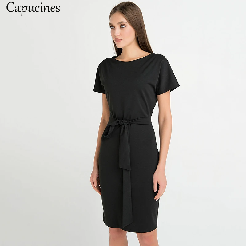 

Capucines Elegant Spring and Summer 2019 Mini Dress Solid Color Belt Slim Elegant Round Neck Short Sleeve Office Girl Dress