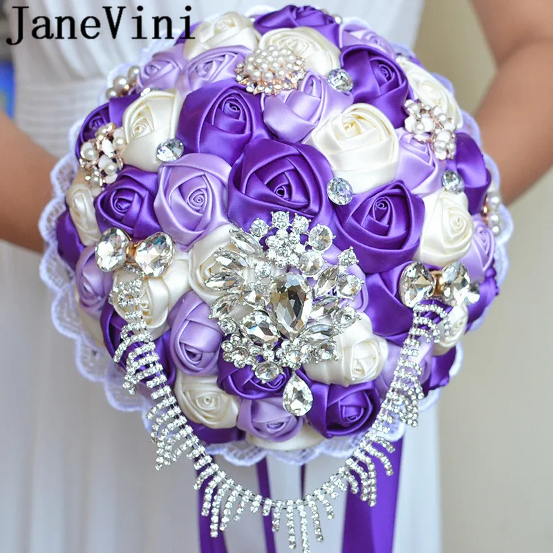 JaneVini 2019 Luxury Crystal Wedding Bouquets Purple Watermelon Color Satin Roses Beaded Jewelry Bride Flower Bridal Bouquet
