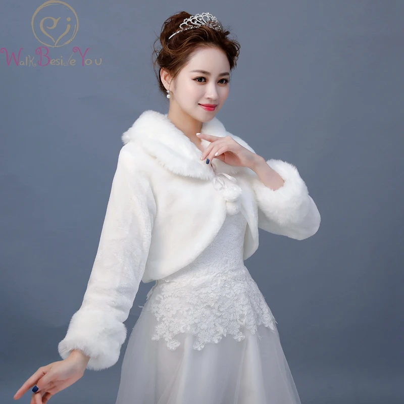Walk Beside You Faux Fur Shawl Long Sleeve Ivory Wedding Party Bolero with Ribbon Bride Cape coprispalle donna Women Wrap Estola