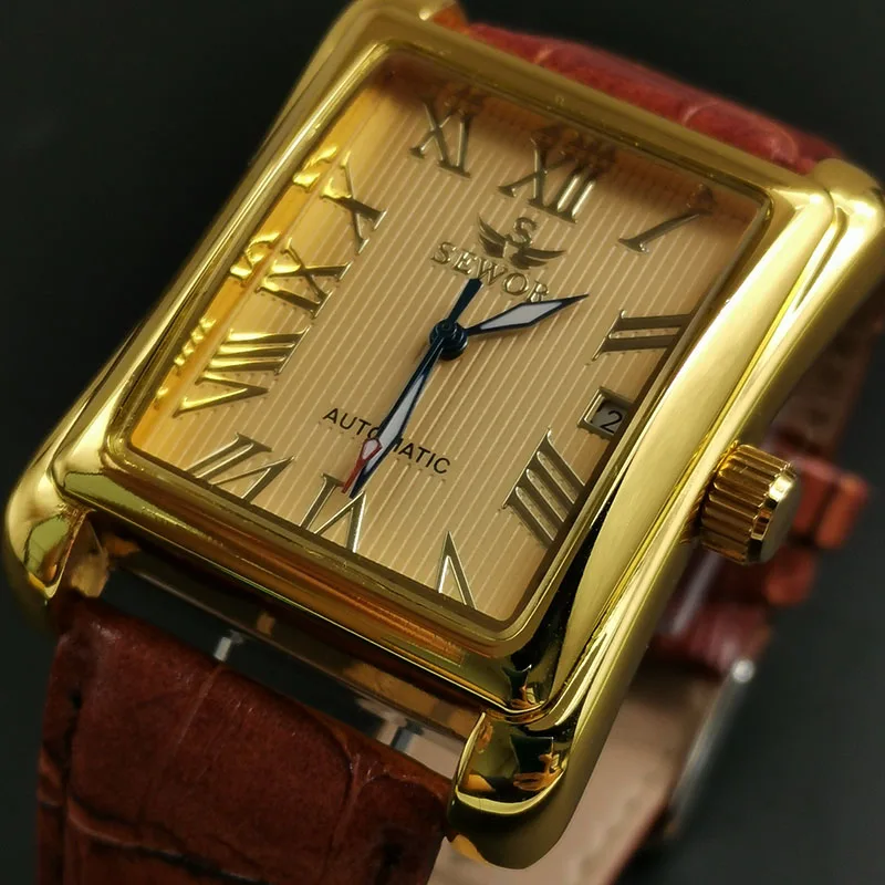 

New SEWOR Top Brand Luxury Rectangular Men Watches Automatic Mechanical Antique Clock Relogio Wrist Watch Leather