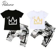 Летняя одежда для малышей Топы с принтом короны для маленьких мальчиков, футболка камуфляжные штаны на молнии модная одежда комплект одежды из 2 предметов