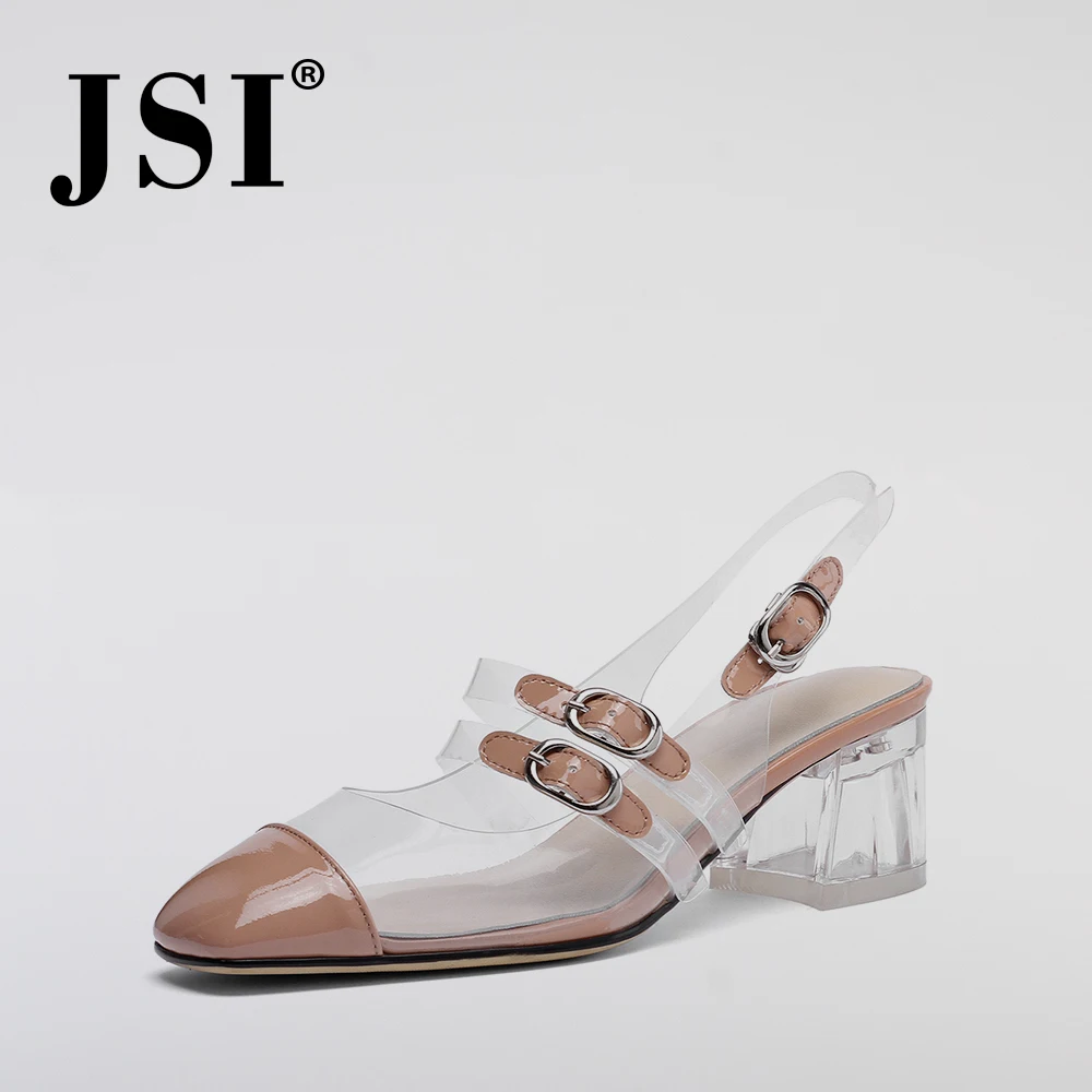 

JSI Summer Dress Women Sandals Quality Genuine Leather Buckle Strap Square Heel Ladies Shoes Novelty Transparent Sandals JO24