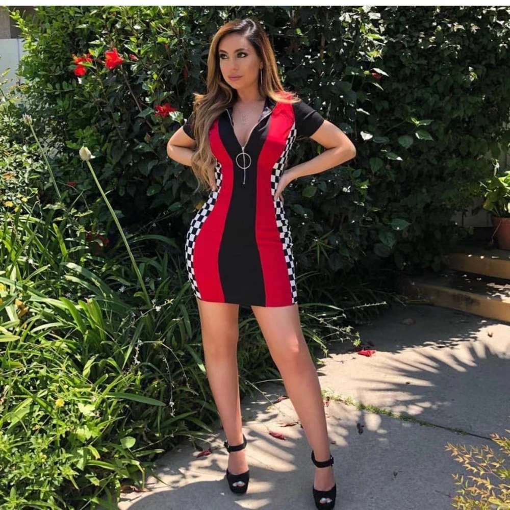 

2018 Elegant Front Zipper Sexy V Neck Plaid Short Sleeve Verano Clubwears Vestidos Multicolor Celebrity Party Night Out Dresses