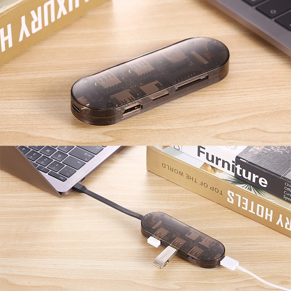 

2019 New Color Multi Function USB C Hub Type C Adapter with SD/TF Cad Readers, 3 USB 3.0, 4K HDMI Port for MacBook Pro Air 13 15