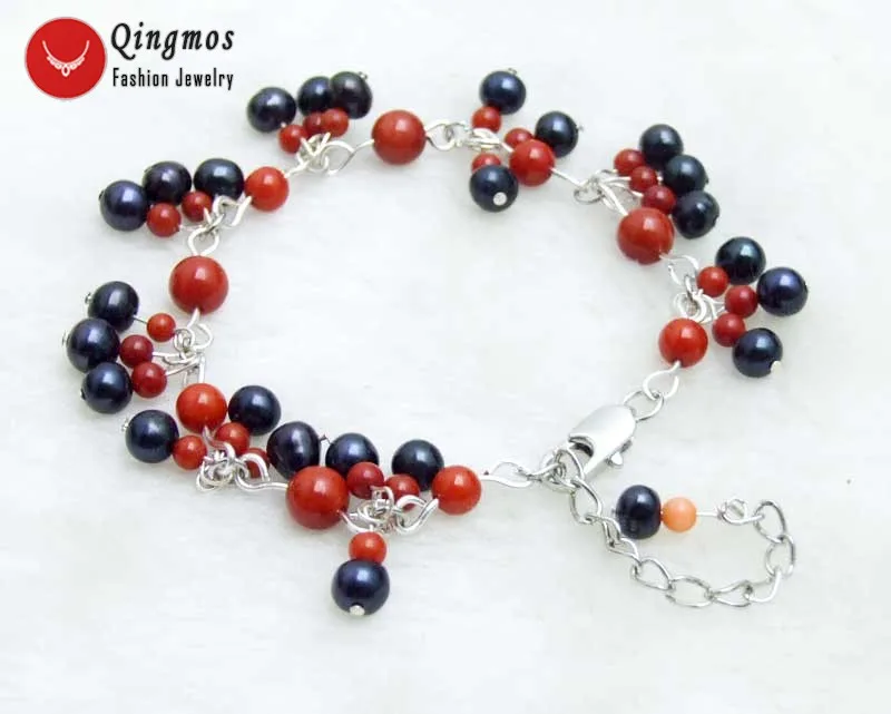 

Qingos Trendy Coral & Pearl Bracelet for Women with 5-6mm Black Round Pearl and 3-6mm Red Coral 7-9'' Bracelet Fine Jewelry-b388