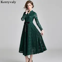Корейская осень V-вырез горловины зеленое кружевное платье Для женщин взлетно-посадочной полосы платье Дизайнеры 2019 праздничные платья с
