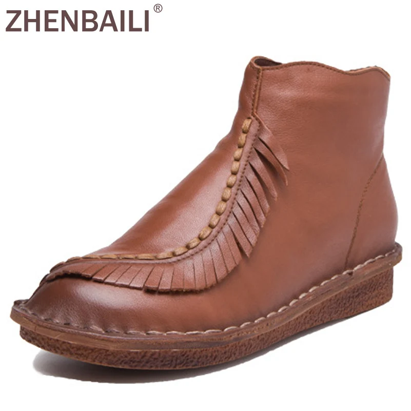 

ZHENBAILI 3 Colors Casual Women Flat Shoes 2017 Autumn Fashion Genuine Leather Ankle Boots Zipper Low Heel Female Short Boots