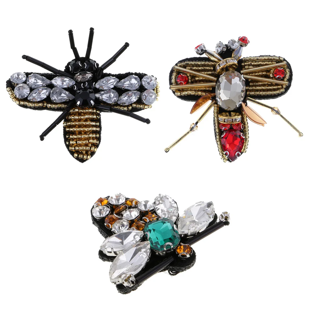 3 Pieces/set Insects Bee Rhinestone Beaded Patches Embroidery Sew on Applique