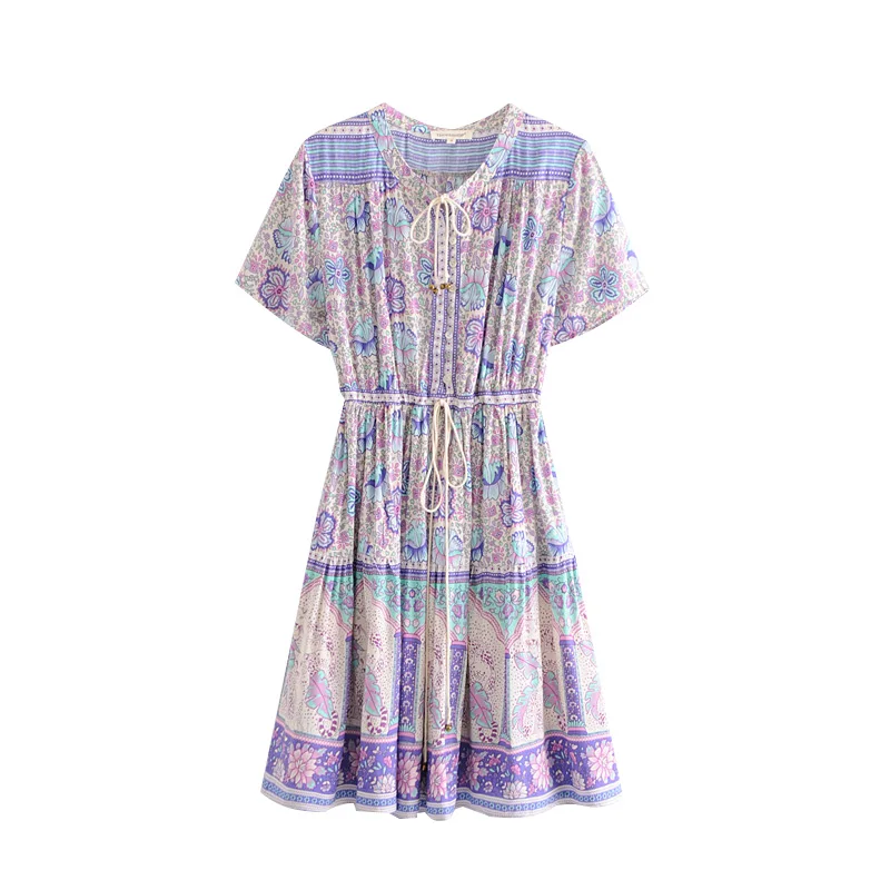 

GYPSY Boho Chic Vintage Floral Print Pleated Mini Dress Women Short Sleeve Drawstring Summer Beach Dresses Femme Vestidos
