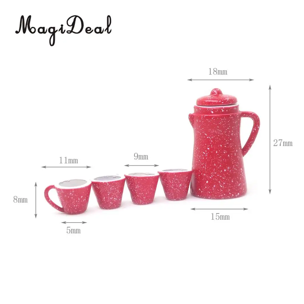 5Pcs/Set 1:12 Dollhouse Miniature Red Porcelain Pot Kettle Cups Coffee Tea Milk Set Restaurant Kitchen Tabel Decor Model Toy