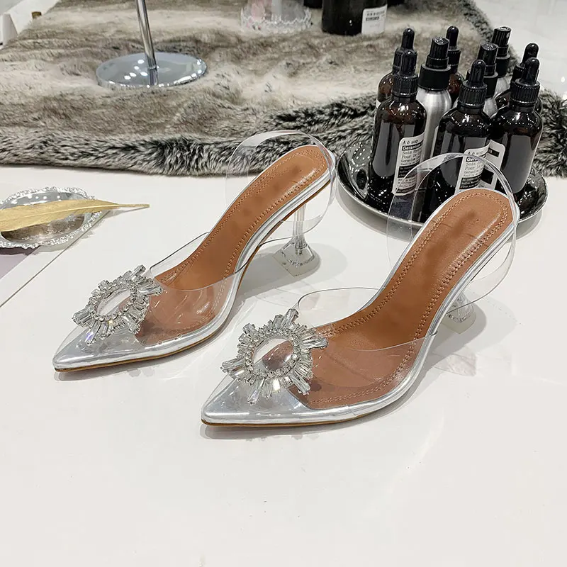 New PVC Transparent High Heel Crystal Pumps Sandals Woman Pointed Toe Perspex Heel Women Bride Wedding Shoes 9CM Pumps