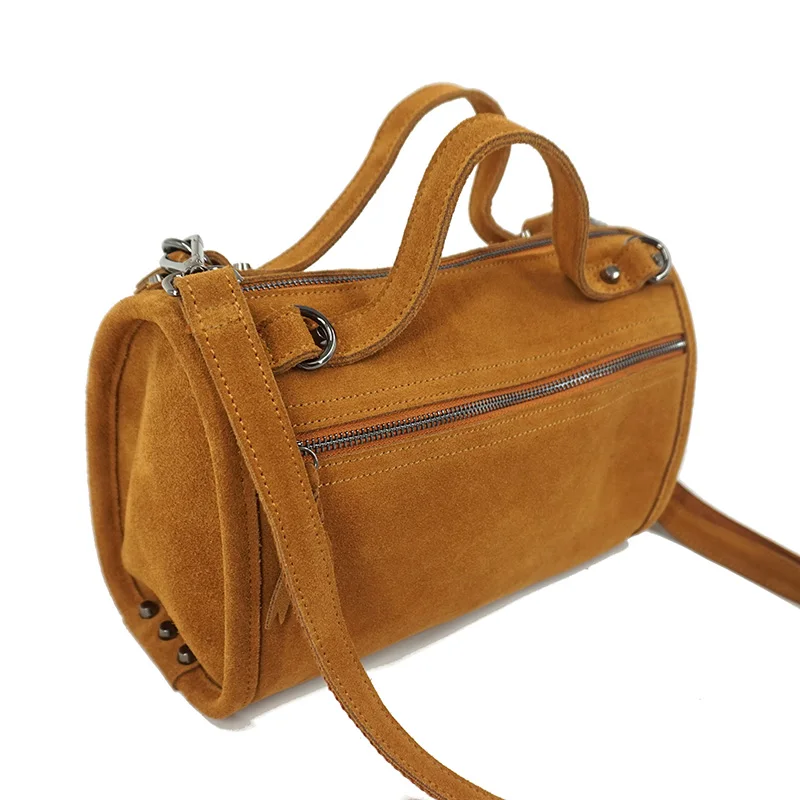 LilyHood Женская Замшевая сумка на плечо из натуральной кожи с заклепками для женщин, маленькая сумка для отдыха в Бостоне, нубуковая Сумка-котелок через плечо - Цвет: Brown
