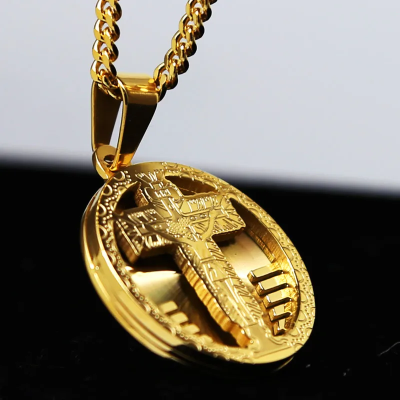 Mens Gold color Round Jesus Cross Medal Necklace Hip hop Golden