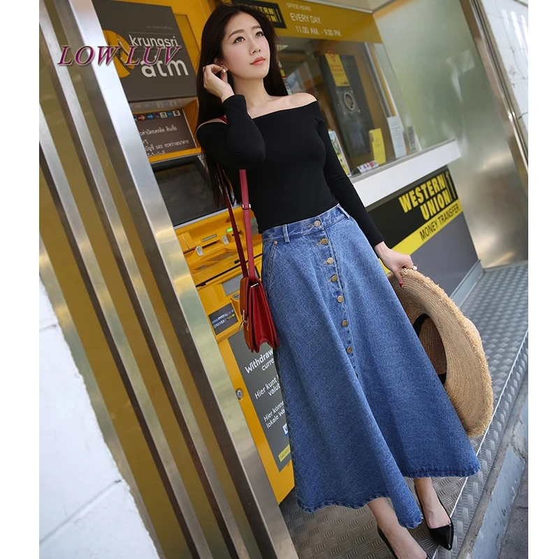 S M L XL Women long Skirts Vintage New 2017 Single breasted Denim Skirt ...